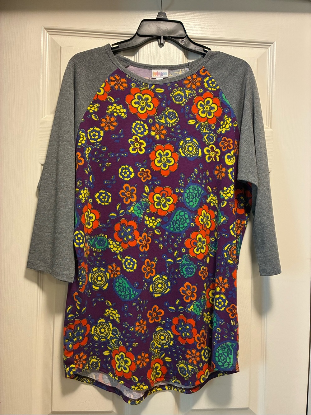 LuLaRoe Purple Floral Randy Top with Gray Sleeves Size XL